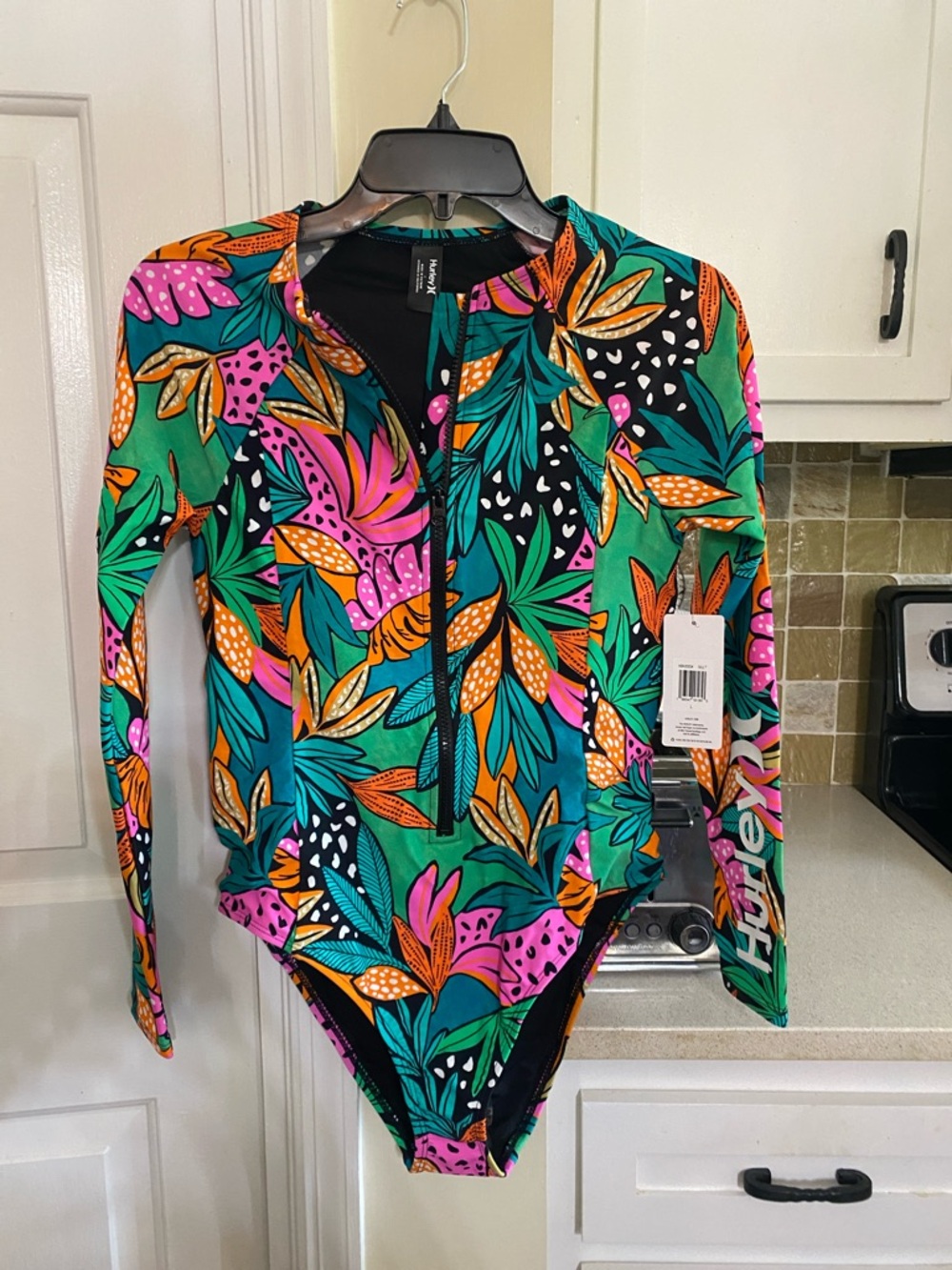 Hurley Tropical Floral Zip-Front Long Sleeve Swimsuit - Teal/Pink/Orange